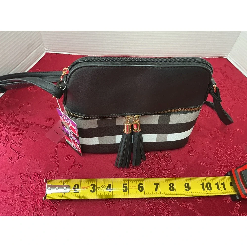 New Vegan Leather Plaid Crossbody Bag Black Grey White Tassel Dome Purse - Picture 13 of 14